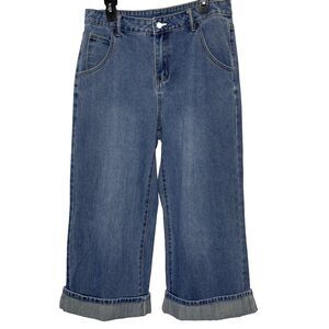 DAZY Jeans Wide Leg Baggy Fit High Rise Cuffed Denim Medium Wash Womens XL Blue